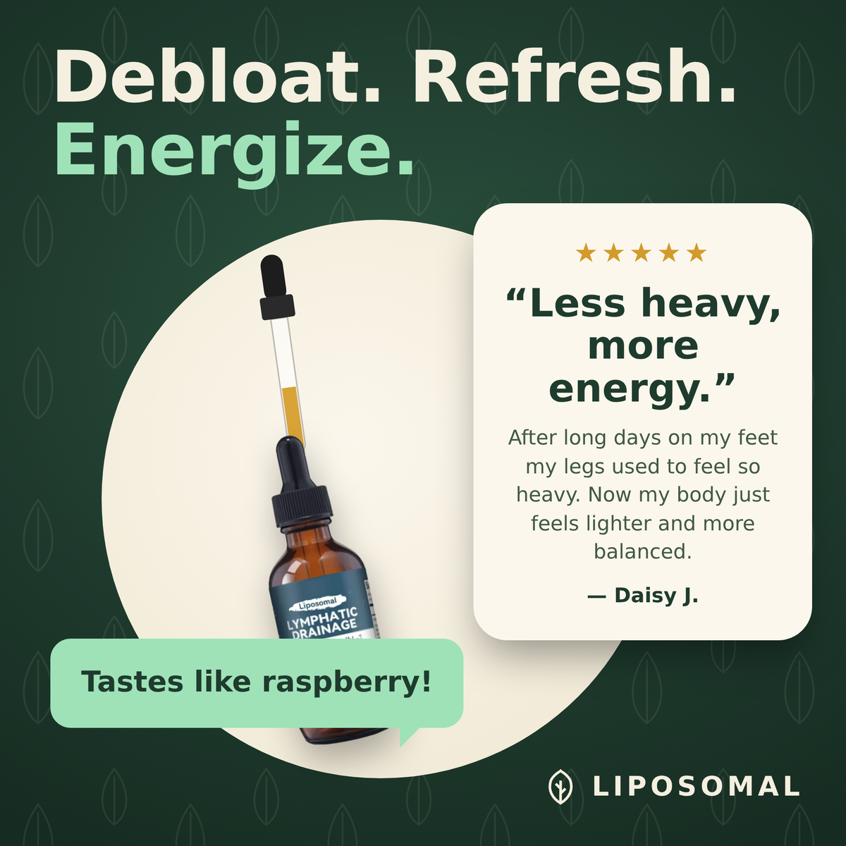 Liposomal dropper with a customer quote and raspberry flavor